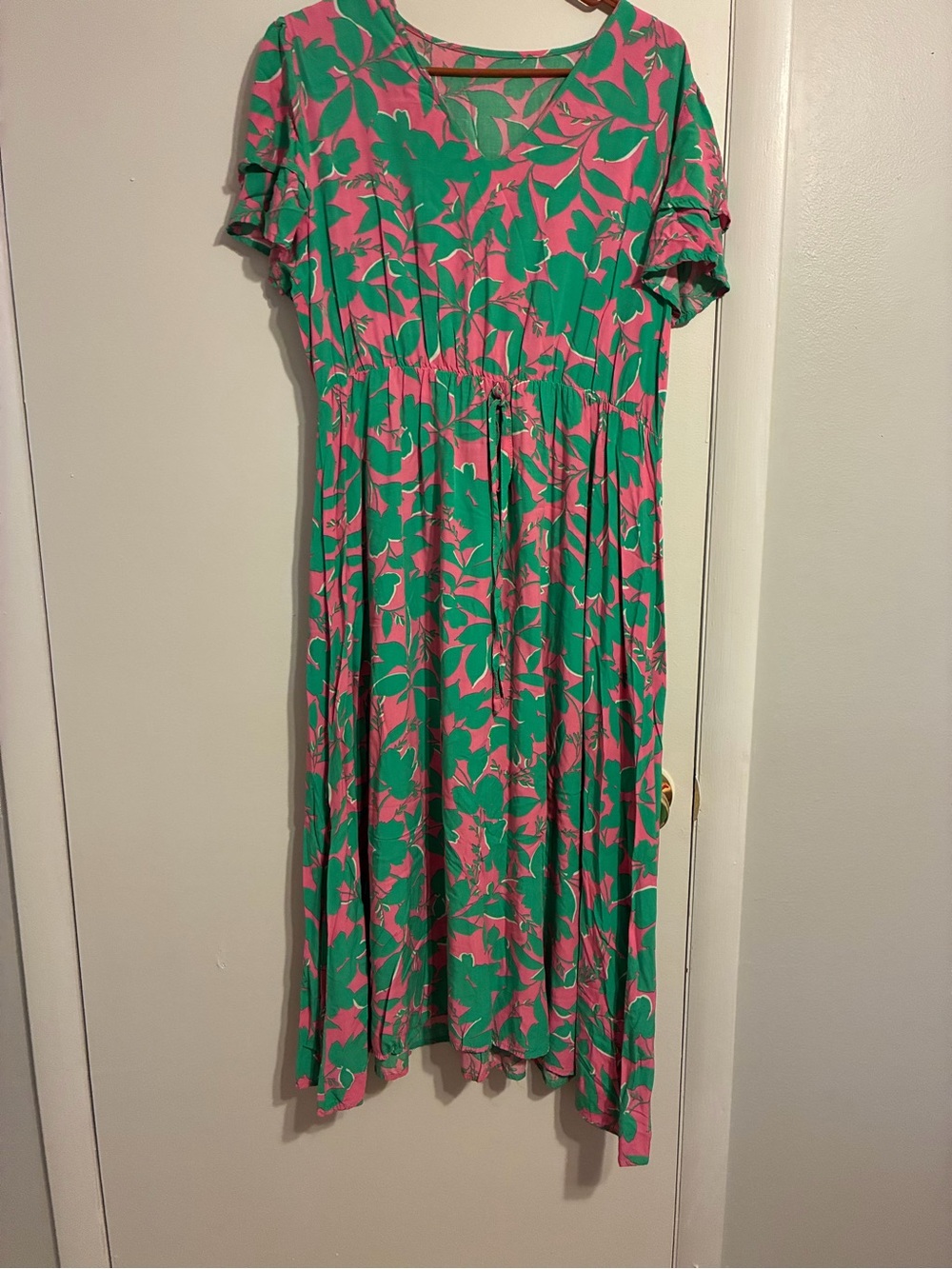 SHEIN Pink & Green Floral Midi Dress with Ruffle Sleeves